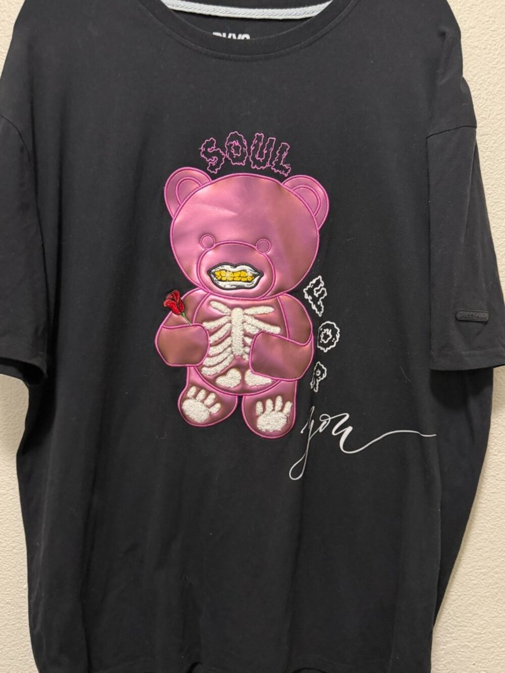 BKYS men's short sleeve t- shirt, pink faux leather bear patch "soul for you" 3X